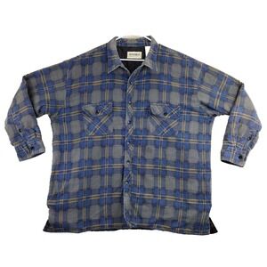 Vintage Wilderness Plaid Flannel Lined Button Up Shirt Shacket Men's Blue 4XL